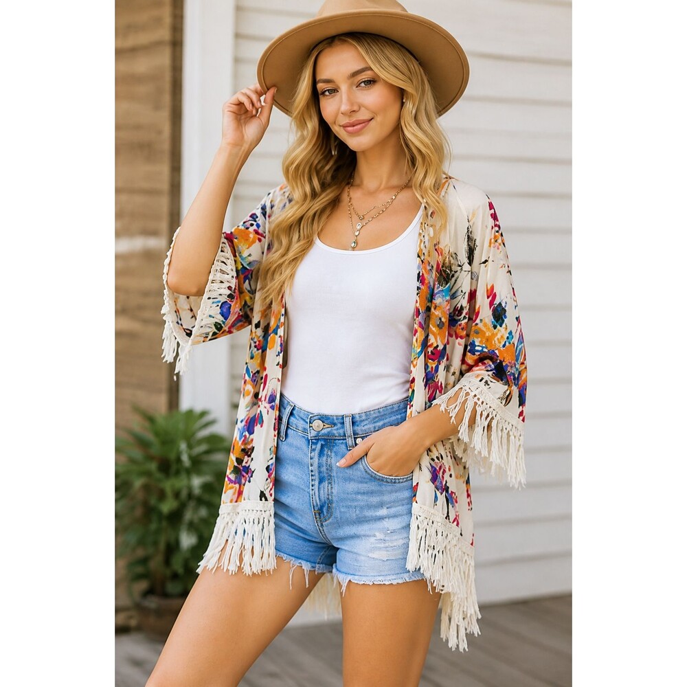 Umgee Womens Floral Kimono Fringe Style Cardigan Sz Large Biho Cottage Core U435